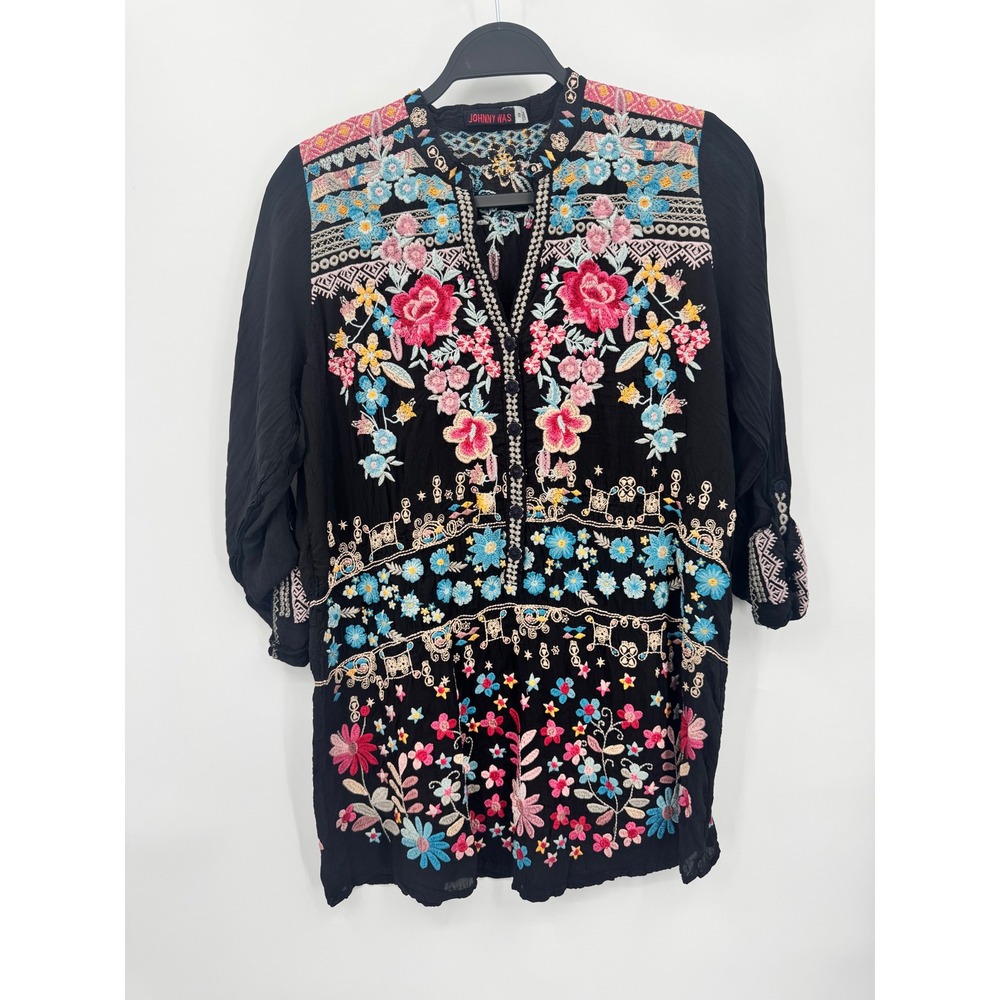 Johnny Was Embroidered Tunic Women XS Black Floral Cupra Rayon Boho C17519-0